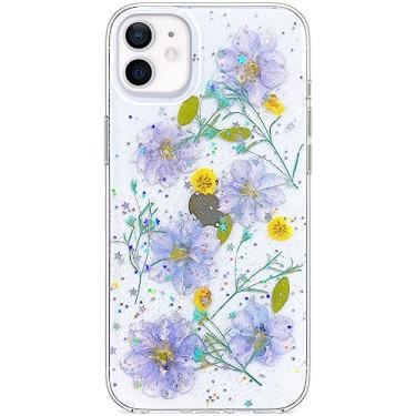 Imagem de Abbery Capa de flor prensada para iPhone 11, linda capa com glitter brilhante transparente com design de silicone macio TPU borracha seca verdadeira floral estética para mulheres e meninas (roxo