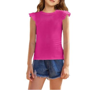 Imagem de Flypigs Camisetas femininas manga com babados verão casual malha canelada gola redonda blusas, Vermelho rosa, 13-14 Anos