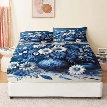 Imagem de Bhoyctn Jogo de lençol King de microfibra macia, margarida, planta, azul, estampado, 4 peças, lençol de cima, lençol com elástico profundo e 2 fronhas