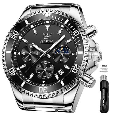 Imagem de OLEVS Relógios para homens de negócios com mostrador grande, clássico, analógico, quartzo, dourado, cronógrafo, multifuncional, de aço inoxidável, à prova d'água, luminosos, Prata - Preto, Cronógrafo