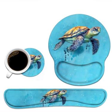 Imagem de Teclado descanso de pulso e mouse pad conjunto de suporte de pulso com bases de copos, base de poliuretano antiderrapante, mousepad ergonômico para jogos para casa, escritório, estudo, digitação fácil e alívio da dor - Tartaruga marinha