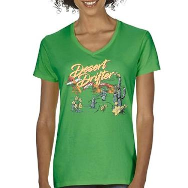 Imagem de Camiseta feminina Desert Drifter com decote em V Vintage Boho Desert Vibe Retro Southwest Bohemian Cactus Art American Travel Tee, Verde, P