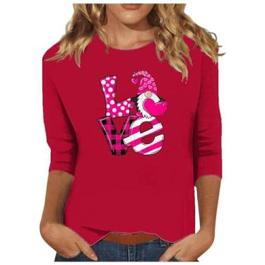Imagem de Homisy Camiseta feminina estampada 2024 para dia dos namorados, manga 3/4, elegante, casual, leve, folgada, Vermelho, G