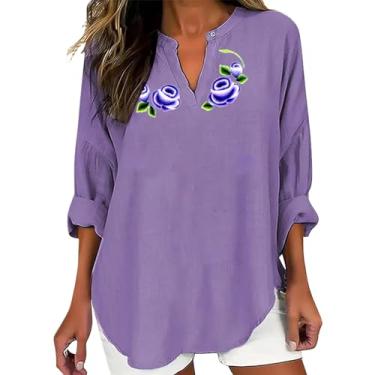 Imagem de Camiseta feminina de conscientização de Alzheimers para o verão, casual, de linho, roxa, floral, estampada, manga comprida, gola V, Azul-celeste, 3G