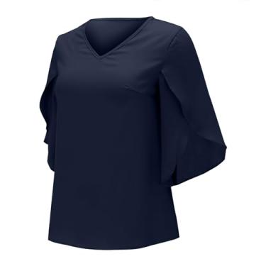 Imagem de Camisa feminina manga 3/4 chiffon casual manga pétala camisa bronzeada feminina elegante, Azul marino, P