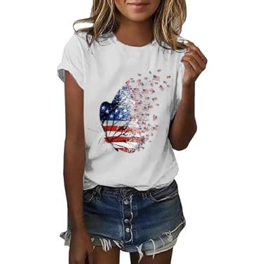 Imagem de Camiseta feminina com bandeira americana patriótica 4th of July Butterfly Graphic Tees Shirts USA Flag Star Stripe Tops, Branco, G
