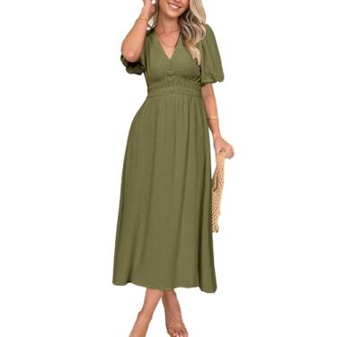 Imagem de Simplee Vestido longo feminino de verão boho casual gola V manga bufante vestido de casamento vestido de praia de linho solto, Verde oliver liso, G