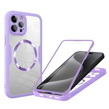 Imagem de POYUFRG Capa magnética para iPhone 15 Pro Max/15 Pro/15 Plus/15, protetor de tela integrado, capa de telefone transparente frente e verso, roxa, 15 Plus de 6,7 polegadas