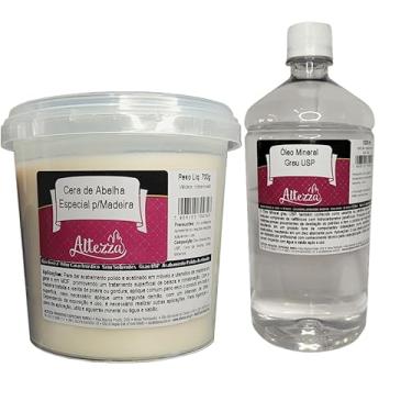 Imagem de Kit Cera Para Madeira de Abelha 700g + Óleo Mineral Grau USP 1000ml Para Tábua de Carne, Tábua de Corte, Madeiras em Geral, Móveis, Gamelas, Utensílios de Madeira, Atóxico, Brilho e Proteção - Altezza