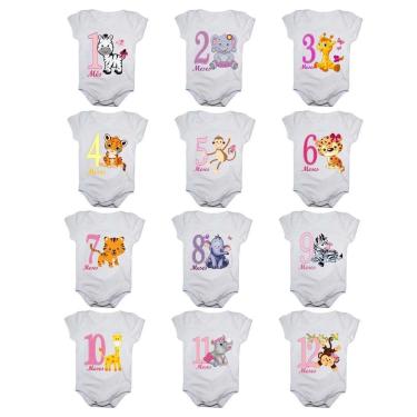 Imagem de Kit body de bebê mesversario manga curta safari menina 12 bodies 1 a 12 meses-Feminino