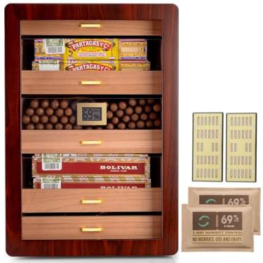 Imagem de Marvero Umidores de charuto, umidificador de madeira de cedro com higrômetro digital, gavetas, umidificadores e ferragens banhadas a ouro. Armário de umidificador de charuto para homens marido pai,