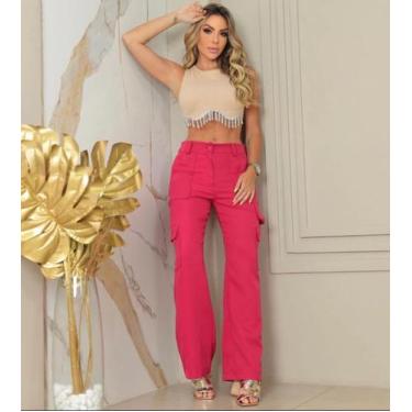 Imagem de Calça Cargo Com Bolsos Larga Feminina Wed Legging  Pantalona Alfaiatar