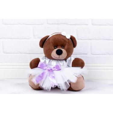 Imagem de PELUCIA URSO TEDDE 15 CM - DAMINHA CETIM BRANCO (PELUCIA MARROM - DETALHE LILAS)