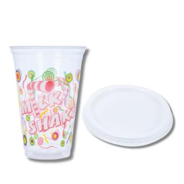 Imagem de Kit c/ 100 un. de copo p/ milk shake 330 ml.    100 un. de tampa s/ fu