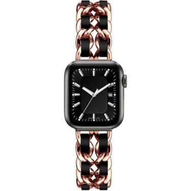 Imagem de Pulseira Compatível com Apple Watch Couro Aço Trançada Dourado Rosê 44