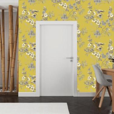 Imagem de Papel de Parede Natureza Pássaros Amarelo ou Azul - Rolo com 10 Metros