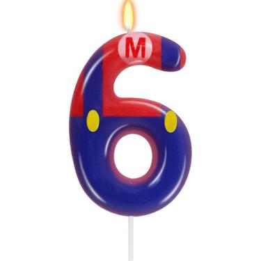 Imagem de Vela de aniversário de 6 anos azul vermelha para meninos e meninas - Decorações de bolo de aniversário, topo de bolo número 6, decoração de festa temática de jogos de desenho animado, suprimentos de