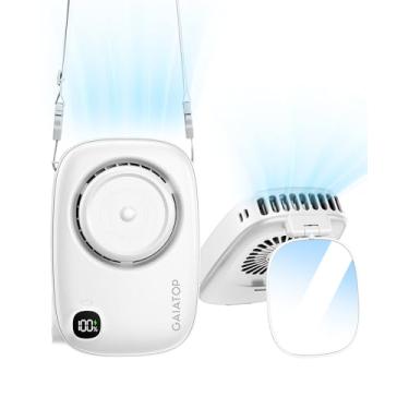 Imagem de Gaiatop Mini ventilador de pescoço, recarregável para uso na mesa, visor de energia de LED, espelho de rotação de 360° para maquiagem de cílios, design de câmera fofo, ventiladores USB portáteis