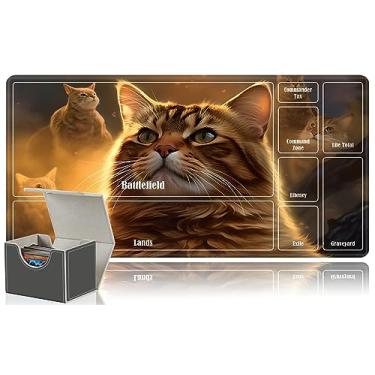 Imagem de HEAKIERG 2Pcs Card Game Mats & MTG Card Box Set 24" x 14", Game Play Mat with Stitched Edge for Magic The Gathering Commander Deck Trading Card Game Anime TCG Card Desk Writing Pad, Cat
