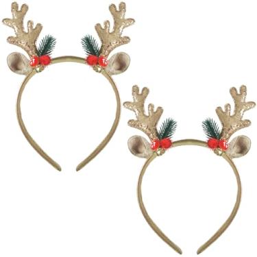 Imagem de 2 peças de chifres de rena de Natal, tiara de chifres de veado, orelhas, argolas de cabelo, chifres de alce, faixa de cabelo feminina, sinos de árvore de Natal, cosplay, vestido de Halloween,