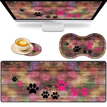 Imagem de Mouse pad grande para jogos + almofada de suporte de pulso + porta-copos de café, tapete de mesa dobrável rústico com pata de cachorro de madeira arco-íris com borda costurada, almofada antiderrapante adequada para escritório e casa