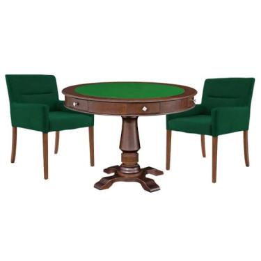 Imagem de Mesa de Jogos Carteado Victoria Redonda Tampo Reversível Imbuia com Kit 2 Cadeiras Vicenza Suede Verde - Gran Belo