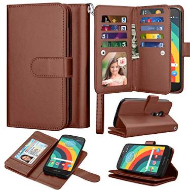 Imagem de Capa carteira para celular Moto E5 Play, carteira de couro sintético para Moto E5, carteira magnética de couro sintético Takfox com suporte para 9 cartões, capa removível, Marrom