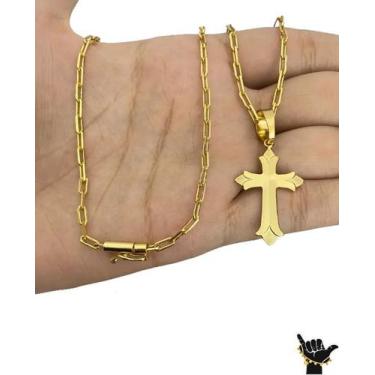 Imagem de Corrente Cadeado Alongado 3mm +Pingente Cruz- Banhado a Ouro - ToJoia1