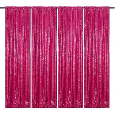 Imagem de HMQIANG Cortinas de fundo de lantejoulas fúcsia, 4 painéis, 5,8 m x 2,8 m, cortinas de lantejoulas com glitter rosa choque para pano de fundo para festas, casamentos, decoração de dia dos namorados