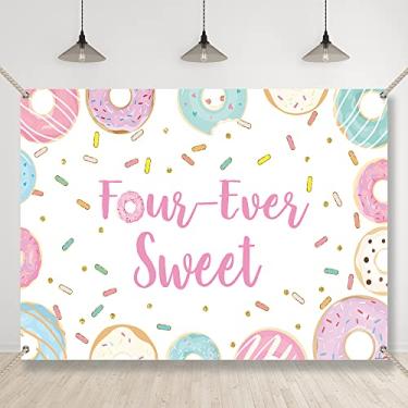 Imagem de Bellimas Four Ever Sweet Backdrop for Girls 4th Birthday Party Donut Decorations Princess Kids Girl Four Year Old Fourth Cake Table Banner with Copper Grommets