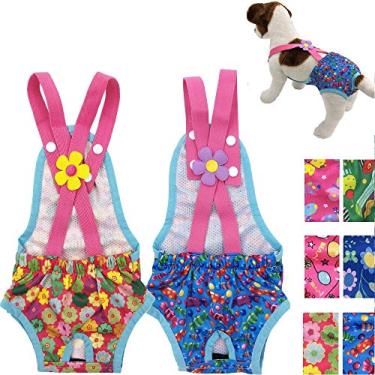 Imagem de Pacote com 2 fraldas femininas para cães, calcinha sanitária, lavável e reutilizável com suspensórios, para animais de estimação pequenos (M: cintura 40,64 cm - 50,8 cm, flores rosa e doces azuis)