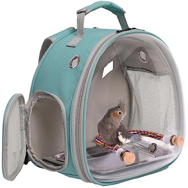 Imagem de halinfer Gaiola transportadora de mochila de viagem para pássaros pequenos, mochila para transportar mochila com bandeja de metal poleiro para periquito calopsita periquitos veterinário carr