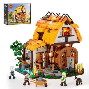 Imagem de FUNWHOLE Medieval Water-Mill Lighting Building-Bricks Set - Middle Age Milling House Collection LED Light Building Construction Model Sets 1278 Pcs for Adults and Teen