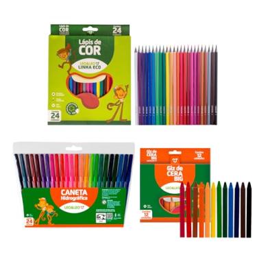 Imagem de Kit Escolar Volta Aulas Lápis De Cor 24 Cores + Canetinha 24 Cores + Giz De Cera 12 Cores