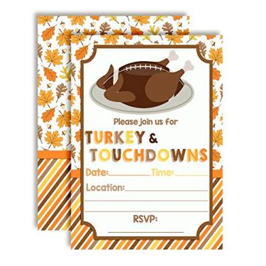 Imagem de Touchdown Turkey Platter Convites para festa de Ação de Graças, pacote com 4 cartas de preenchimento de 12 x 18 cm com quatro envelopes brancos, cartões de convite para jantar agradecido com futebol