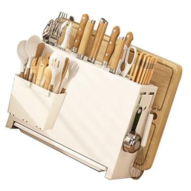 Imagem de Bloco de Faca, Pauzinhos de Cozinha Brancos Suporte de Faca Tábua de Corte Suporte de Drenagem Magnético Integrado Colocação de Partição Racional para Casa Restaurante Bancada de