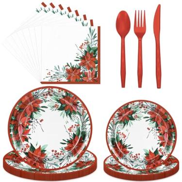 Imagem de JarThenaAMCS Kit de suprimentos de festa de Natal, 150 peças, aquarela, poinsétia, utensílios de mesa, Natal, inverno, vermelho, floral, descartável, papel, guardanapo, prato, garfo, facas, colher