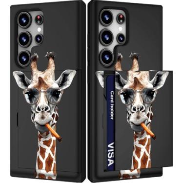 Imagem de IWONE Capa para celular compatível com Samsung Galaxy S23 Ultra fofa com porta-cartões/carteira fina à prova de choque Galaxy S23 Ultra/Retrato de girafa em óculos fumando animal legal