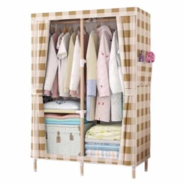 Imagem de Guarda-roupa Armário de guarda-roupa resistente dobrável grosso madeira maciça montado oxford pano único tecido dormitório aluguel pano guarda-roupa armário