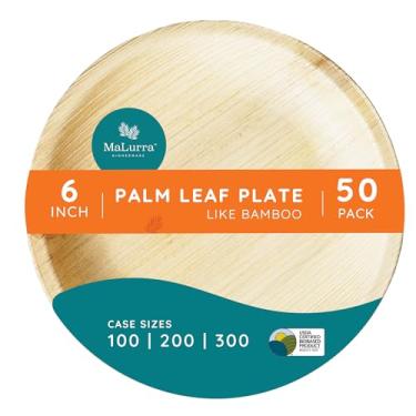Imagem de MALURRA Pratos redondos de 15 cm, 50 peças, pratos de folha de palmeira como bambu | Aperitivos, travessas de servir, descartáveis | Ecológicos, fortes, volumosos, duráveis I Fancy Picnic I Weddings,