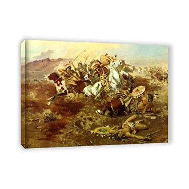 Imagem de 'Indian Fight,1' de Charles Marion RussellImpressão em tela - pinturas famosas - Reproduções de imagens de paisagens em tela arte de parede para decoração de casa 80 x 110 cm (31 x 43 pol.) Emoldurado