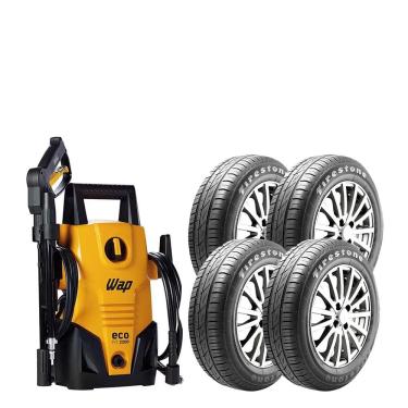 Imagem de Pneu Aro 14 Firestone F-600 175/65 82T - 4 Unidades + Lavadora de Alta Pressão Wap Eco Fit 2200 1500psi 1400W - Amarelo/Preta