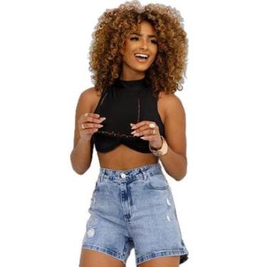 Imagem de SHORTS JEANS MOM FEMININO CINTURA ALTA BÁSICO COM ELASTANO 23985 40 MÉDIA UNICA-Feminino