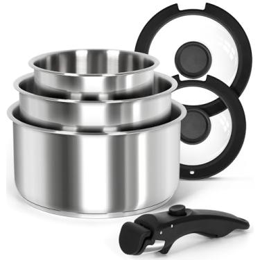 Imagem de MICHELANGELO Conjunto de panelas de aço inoxidável com alça removível, conjunto de panela de aço inoxidável de 6 peças com tampas e alça destacável, panela de molho de base tripla, compatível com