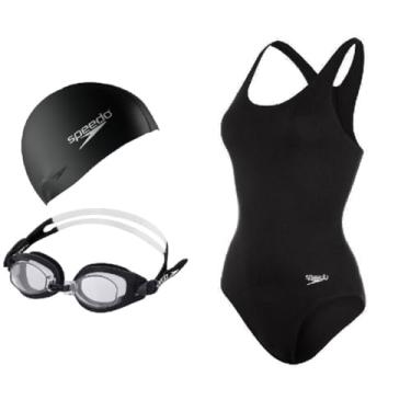 Imagem de Kit Natação Speedo Maiô Cross + Óculos Freestyle + Touca Flat Silicone (Preto, GG 44)