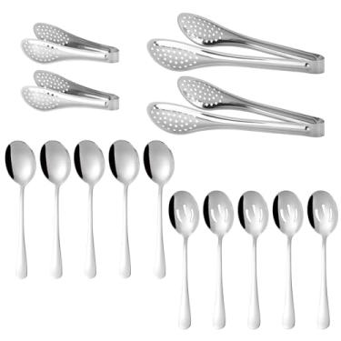 Imagem de Conjunto de utensílios de servir prata de aço inoxidável, colheres grandes, escumadeiras, pinças de servir, pinças de aperitivo, conjuntos de utensílios de metal para buffet de buffet, banquete e