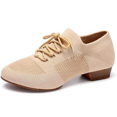 Imagem de ZYXNYGV Sapatos de dança femininos bico fechado cadarço sola dividida padrão treino social salsa salão jazz latino iniciante ensino sapatos de dança, Sola de camurça bege - salto de 2,5 cm, 38