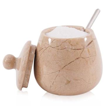 Imagem de Saleiro de mármore com tampa, pote de sal Verona feito à mão de pedra natural Verona para cozinha, recipiente de armazenamento de ervas e especiarias, açucareiro de bancada, recipiente de mármore