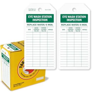 Imagem de SmartSign Pacote com 100 etiquetas de inspeção para lavagem de olhos, etiquetas escritas nos dois lados na caixa dispensadora, grade em branco para detalhes de substituição de água, 15,9 cm x 7,6 cm,