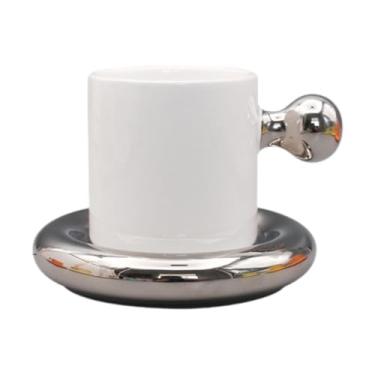 Imagem de DimyFew Pires de caneca gordinha Conjunto de café xícara de café 300 ml de copo de cerâmica de xícara de chá para cappuccino, Prata Branca